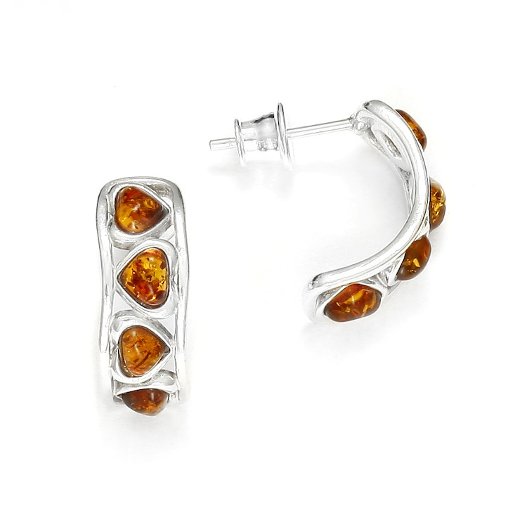 Srebrne kolczyki z bursztynem - serduszka